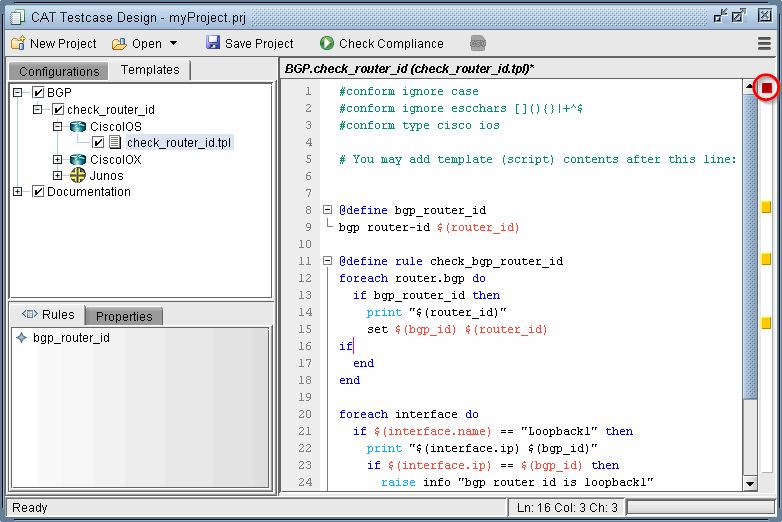 Software interface showing CAT Testcase Design tool for network configuration. Left panel lists BGP configurations and templates. Right panel displays a script for checking BGP router IDs.
