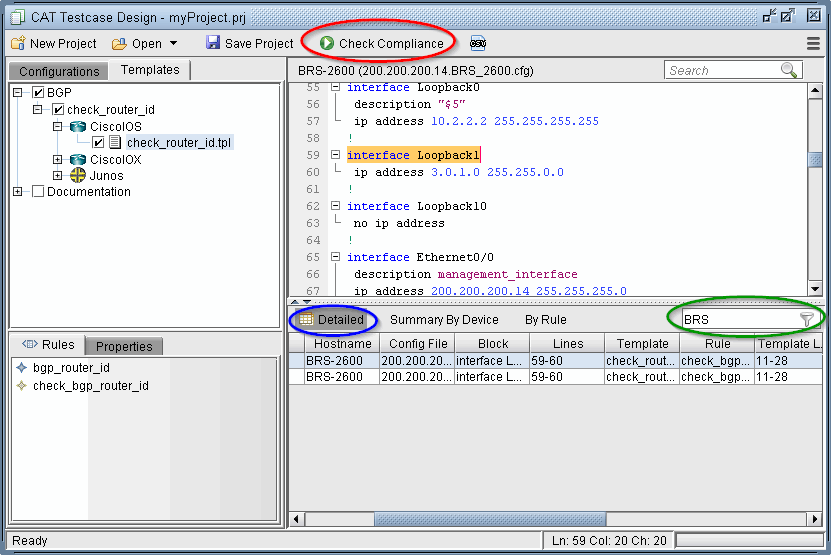 Software interface for network configuration management tool showing project myProject.prj, compliance check button, BGP configurations, and code editor with network settings.