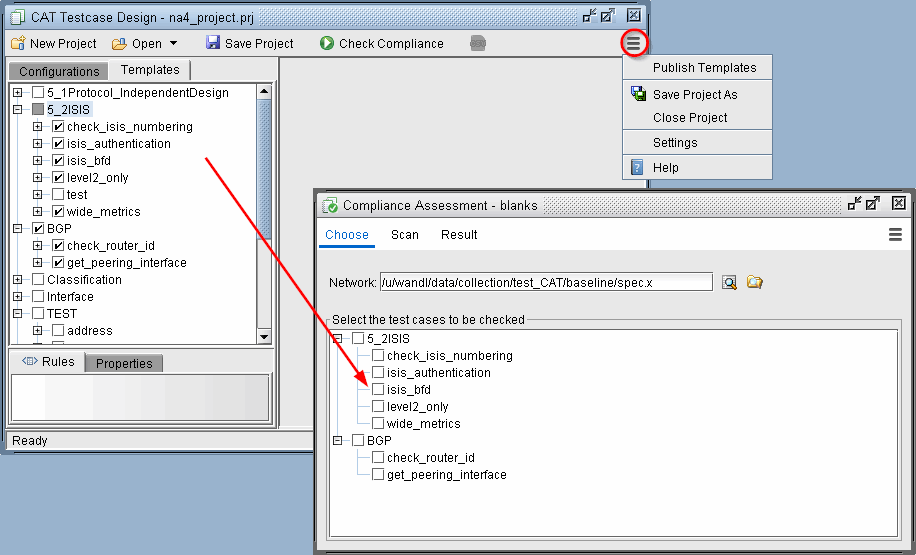 Screenshot of CAT Testcase Design tool for network testing, showing test case configurations and compliance assessment for protocols like ISIS and BGP.