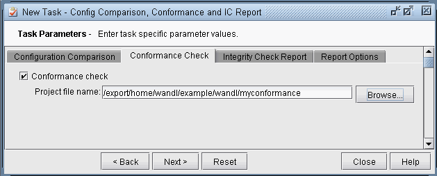 New Task window for Config Comparison and IC Report. Conformance check tab selected with checked Conformance check option. Project file: /export/home/wandl/example/wandl/myconformance. Navigation buttons at bottom.