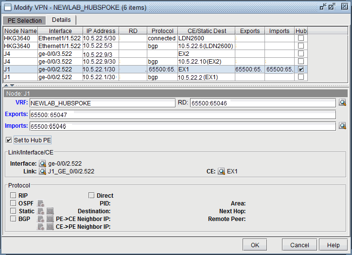 Network configuration interface for VPN NEWLAB_HUBSPOKE, detailing nodes, interfaces, IP addresses, and routing protocols like BGP, OSPF, RIP.