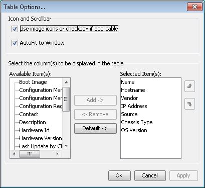 Table Options dialog box for configuring table display settings with checkboxes for image icons and autofit, lists for available and selected columns, and action buttons for add, remove, reset, OK, Cancel, and Apply.