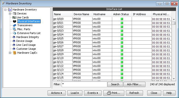 Software interface for managing hardware inventory, showing physical interfaces list with names, device names, hostnames, admin status, MAC addresses, and action buttons.