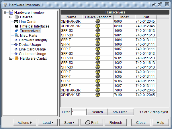 Software interface for managing hardware inventory with a focus on transceivers. Left panel shows a "Hardware Inventory" menu with "Transceivers" selected. Right panel displays a table with transceiver details like name, vendor, index, and part number. Buttons for filtering, searching, saving, and more are at the bottom.