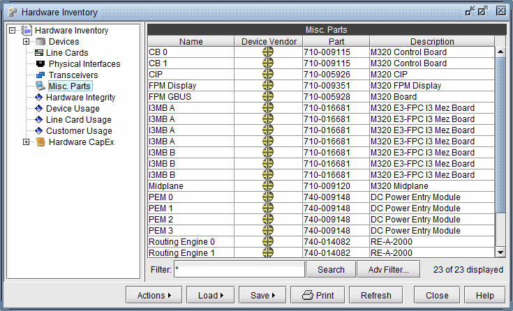 Hardware inventory interface showing a list of parts with columns for Name, Device Vendor, Part, and Description. Navigation tree on left.