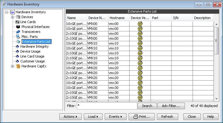 Hardware Inventory window displaying a list of network ports with columns for Name, Device Number, Hostname, and Serial Number.