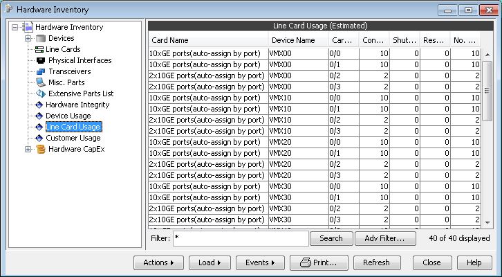 Screenshot of hardware inventory management interface for monitoring line card usage, showing navigation menu and usage table.