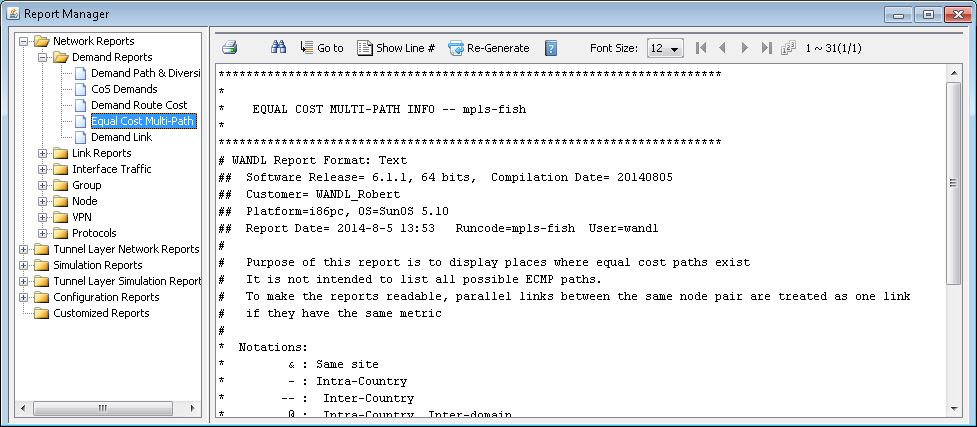 Report Manager interface for network analysis with tree structure showing Network Reports and Equal Cost Multi-Path report details.