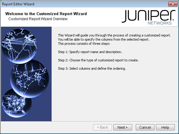 Report Editor Wizard from Juniper Networks with steps: specify report details, choose report type, and select columns. Navigation buttons: Back, Next, Cancel, Help.