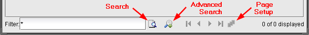 GUI toolbar with Search and Advanced Search icons; Page Setup button; navigation arrows; status indicator showing 0 of 0 displayed.