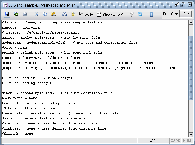 Configuration file in a text editor for a network simulation tool related to MPLS; includes mux locations, node parameters, backbone links, and traffic load.