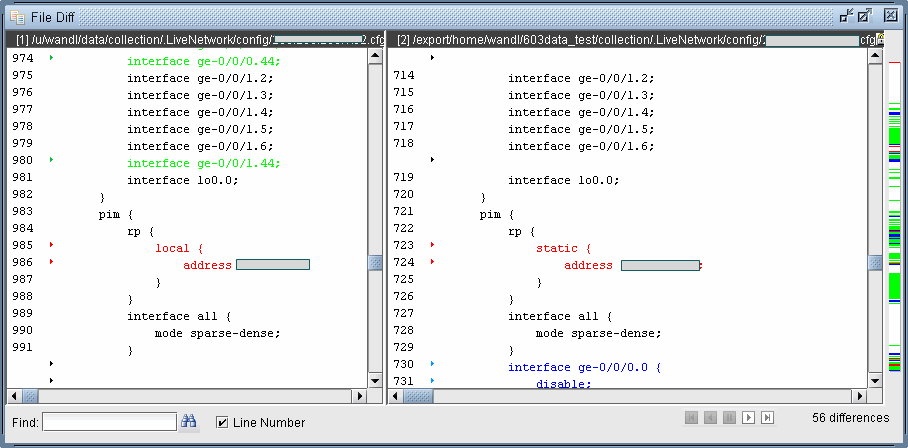 Side-by-side diff tool showing 56 differences in configuration files with changes in interface configurations and PIM settings.