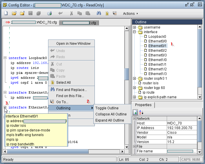 Configuration editor interface for Cisco device file WDC_70.cfg with outline, context menu, code editor, properties, and dropdown suggestion.
