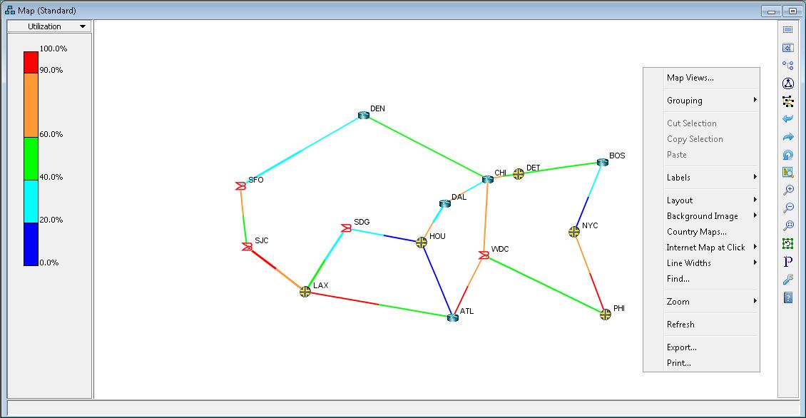 Network map showing airport connections with nodes labeled SFO, LAX, DEN. Lines are color-coded by traffic utilization from blue to red. Menu options for map views and settings on the right.