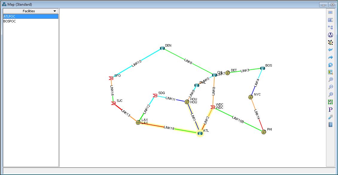 Network topology map showing nodes with city abbreviations like ATL and BOS, connected by links labeled LINK1, LINK2. Colors indicate connection statuses.
