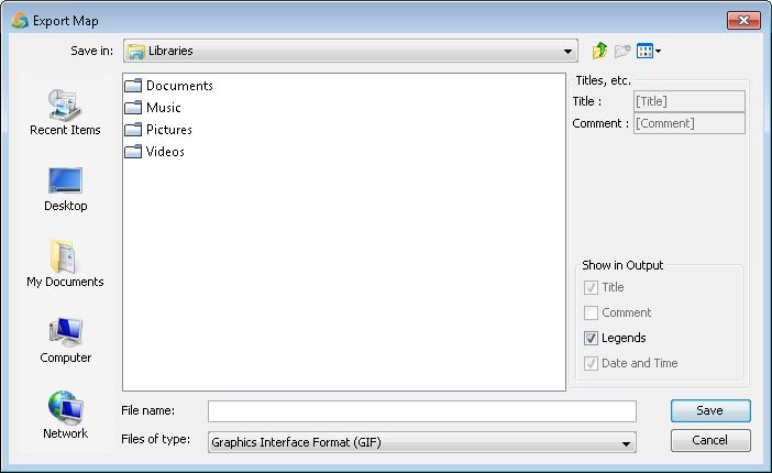 Save As dialog box for exporting a map with GIF selected, from Windows app. Options for file name, location, title, comments, and info checkboxes. Save and Cancel buttons at the bottom.
