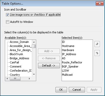 Table Options dialog box for configuring table display settings with icon and scrollbar section, column selection lists, and action buttons.