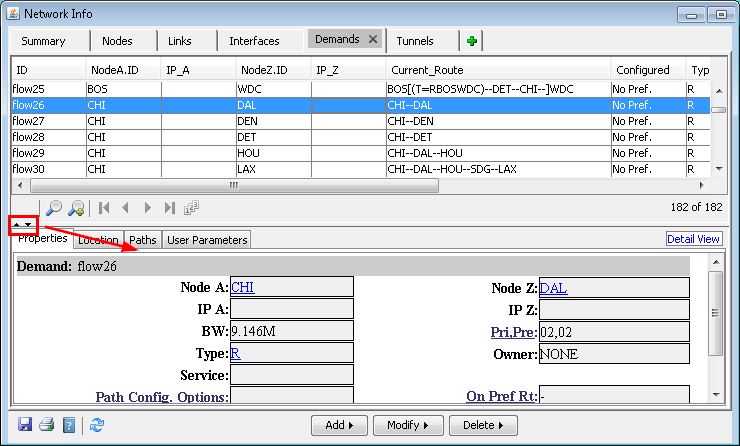Network management tool interface showing tabs for Summary, Nodes, Links, and Demands. A table lists network demands with details like ID, NodeA.ID, NodeZ.ID, and bandwidth. Toolbar includes Add, Modify, and Delete buttons for managing demands.
