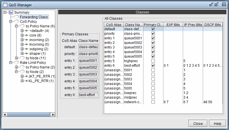 Quality of Service Manager interface displaying QoS classes, policies, and rate limits. Left panel shows QoS configurations, middle lists primary classes, and right details all classes.