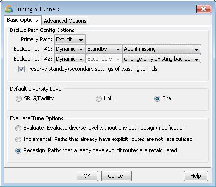 Configuration window titled Tuning 5 Tunnels with tabs Basic Options and Advanced Options. Shows backup path settings and default diversity level.