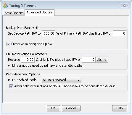 Tuning 5 Tunnels window with Advanced Options tab for configuring network tunnels. Includes settings for backup path bandwidth, link reservation, and path placement options. Contains OK, Cancel, and Help buttons.