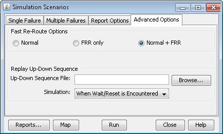 Screenshot of Simulation Scenarios interface on Advanced Options tab with Fast Re-Route set to Normal + FRR, file input for Up-Down Sequence, and "When Wait/Reset is Encountered" selected in Simulation dropdown.