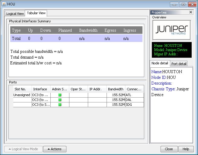 Screenshot of Juniper Networks interface for device HOUSTON, showing physical interfaces summary, ports details with admin and operational status, and device properties.