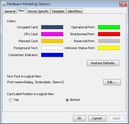 Hardware Modeling Options window; View tab for customizing card and port colors. Options for default settings, font edit, and card label position. Buttons: OK, Cancel, Apply.