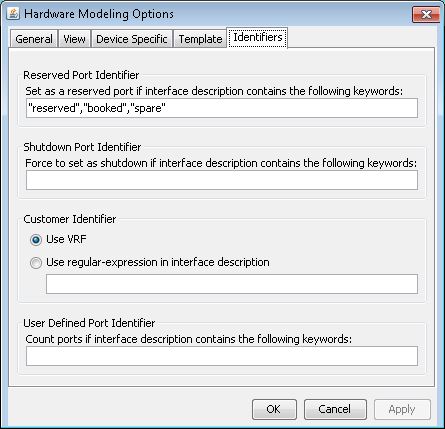 Hardware Modeling Options window with Identifiers tab showing settings for Reserved Port, Shutdown Port, Customer, and User Defined Port Identifiers. Buttons for OK, Cancel, and Apply at the bottom.