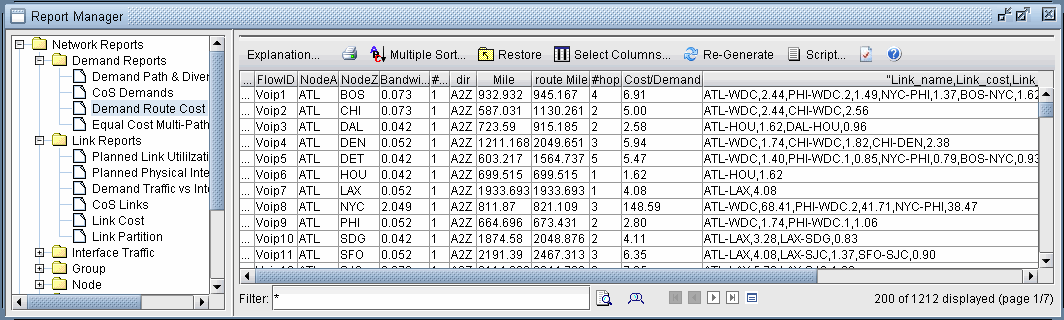 Screenshot of Report Manager software interface for managing network reports with a navigation tree and data table for network flows, nodes, and costs.