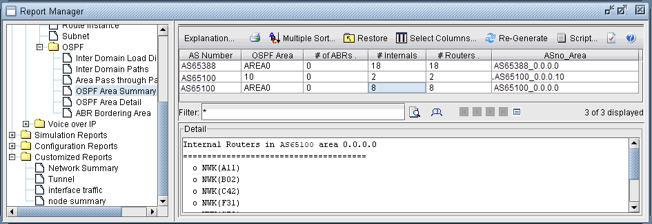 OSPF Area Summary report showing details of OSPF areas within different Autonomous Systems including AS numbers, area identifiers, and router counts.