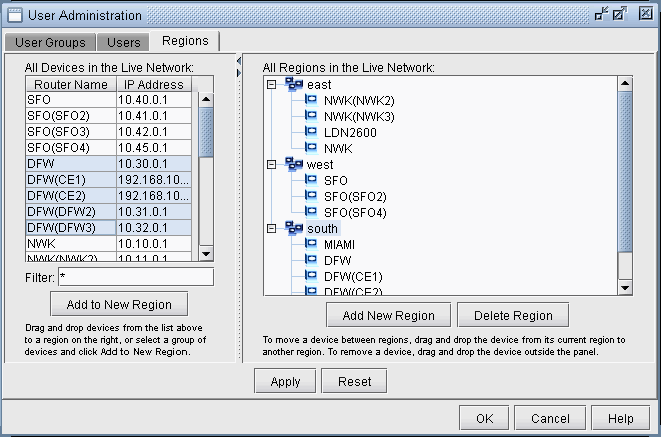 User Administration interface showing Regions tab with All Devices in the Live Network on left and All Regions in the Live Network on right.
