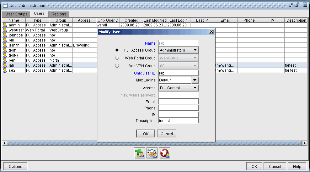 User Administration interface screenshot showing a Modify User dialog for user lab. Options include user details, access groups, and access levels with buttons for OK, Cancel, and Help.