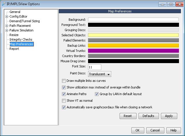 IP/MPLSView Options window for configuring network map preferences with color, font size, and feature checkboxes like curves and animation.