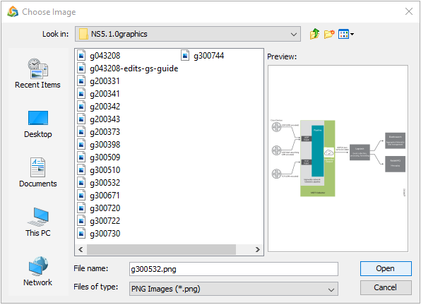 File selection dialog in Windows showing folder N55.1.0graphics with PNG files. Preview of selected file g300532.png, a diagram with labeled boxes and arrows.