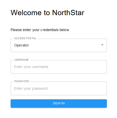 Welcome to NorthStar login screen. Select portal type, enter username and password, then click Sign In.