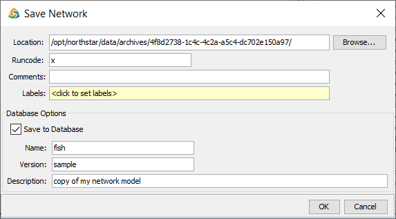 Save Network dialog box with fields for location opt/northstar/data/archives, runcode x, comments, labels, and database options. Buttons OK and Cancel.