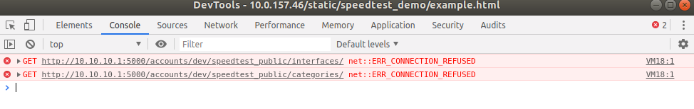 Console showing errors for failed GET requests to 10.10.10.1:5000; endpoints '/accounts/dev/speedtest_public/interfaces/' and '/categories/' with 'net::ERR_CONNECTION_REFUSED'.