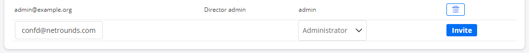 User management interface showing admin@example.org as Director admin with a delete option and confd@netrounds.com ready to be invited as Administrator.