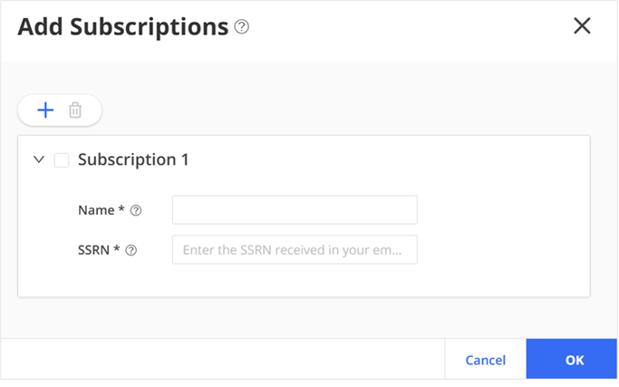 Juniper Security Director Cloud interface showing Add Subscriptions pop-up in Subscriptions section under Administration menu with navigation options on the left.