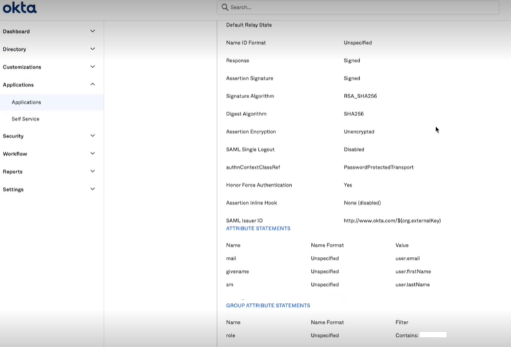 Okta configuration page for SAML settings with navigation menu and detailed options for authentication and attribute mapping.