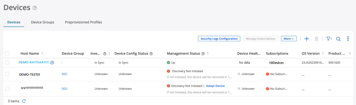 Devices management interface showing a table with columns: Host Name, Device Group, Inventory Status, Device Config Status, Management Status, Device Health, Subscriptions, OS Version, Product. Key device statuses: DEMO-AA1111AA1111 is In Sync, Up, No data for health. DEMO-TEST01 and srx111111111111 have Discovery Not Initiated, No Subscription. Buttons for Security Logs Configuration, Manage Subscriptions, and a More dropdown for additional options.