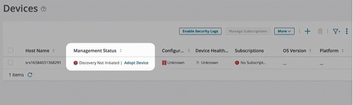 Screenshot of Juniper Security Director Cloud Devices section highlighting Adopt Device option with red notification instructions.