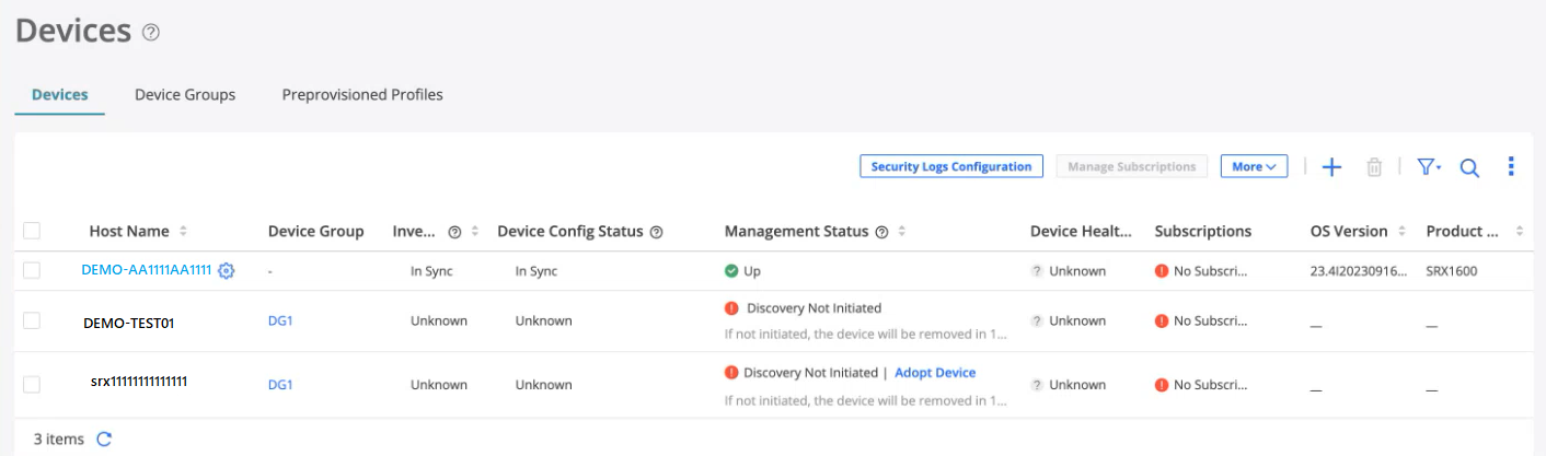 Device management interface showing three devices: DEMO-AA1111AA1111, DEMO-TEST01, and srx1111111111111. Lists host name, device group, inventory status, device config status, management status, device health, subscriptions, OS version, and product model. Options for security logs configuration and manage subscriptions are available.