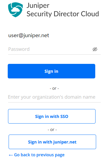 Login page for Juniper Security Director Cloud with username, password fields, SSO, Juniper.net sign-in options, and a back link.