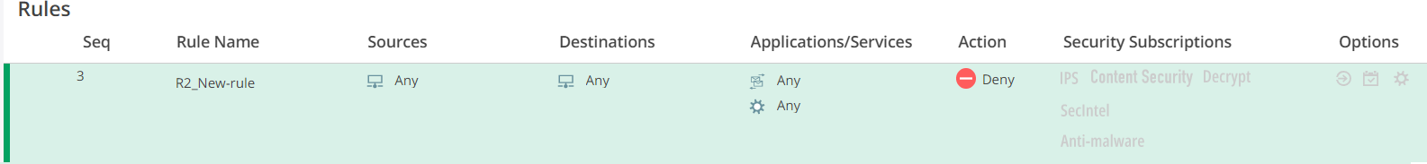 Firewall rule configuration interface showing rule 3: Deny all traffic from any source to any destination for any application.