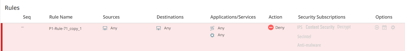 Firewall rule configuration interface: Rule P1-Rule-71_copy_1 set to deny all traffic from any source to any destination. Security features disabled.