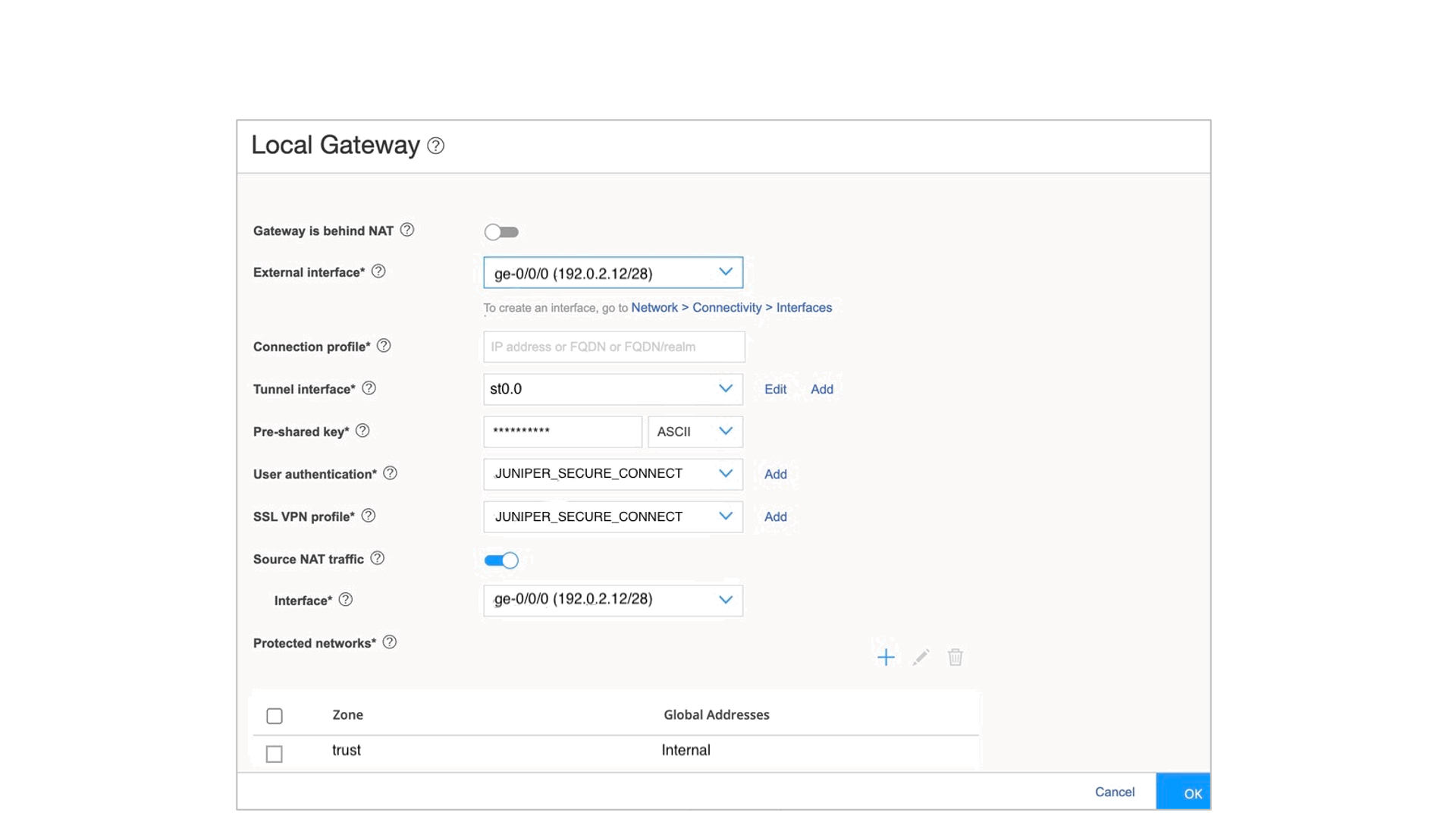 Configuration interface for setting up a Local Gateway on a network device, showing options like NAT, external IP 192.0.2.12/28, tunnel interface st0.0, authentication, and SSL VPN profiles.
