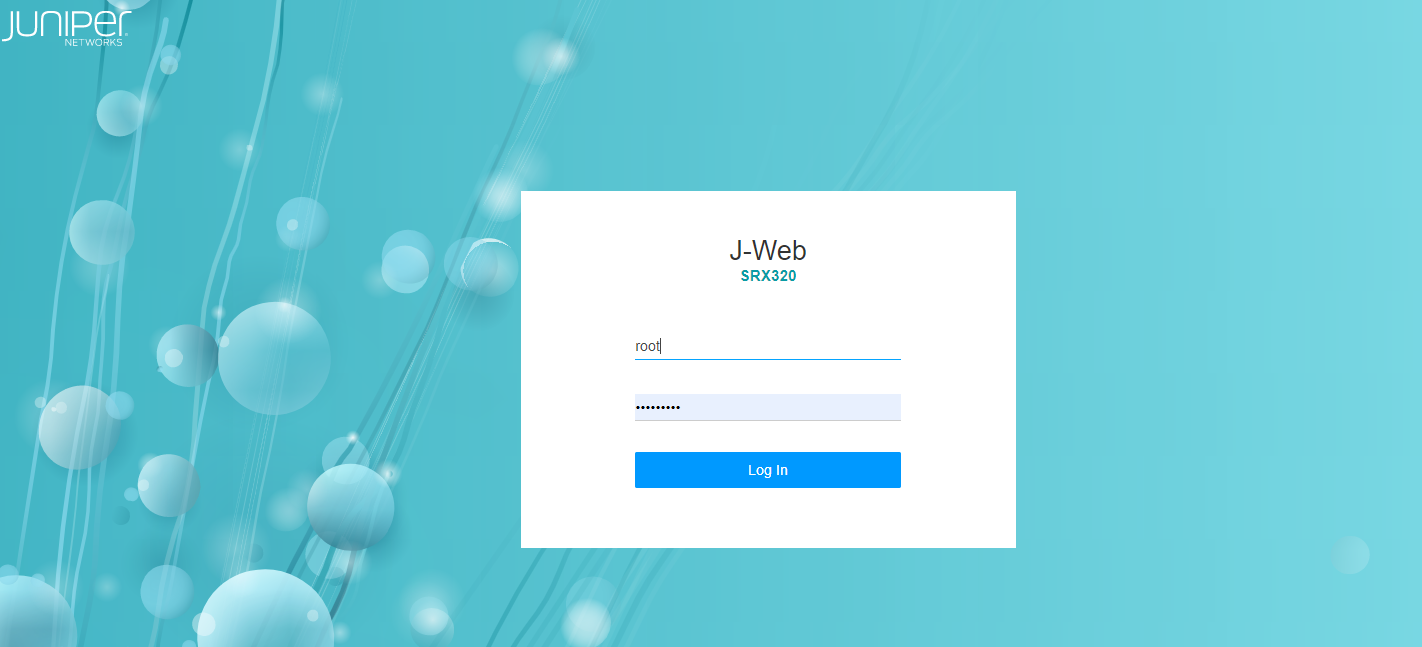 Juniper Networks J-Web login screen for SRX320 device with fields for username root and password plus a Log In button.