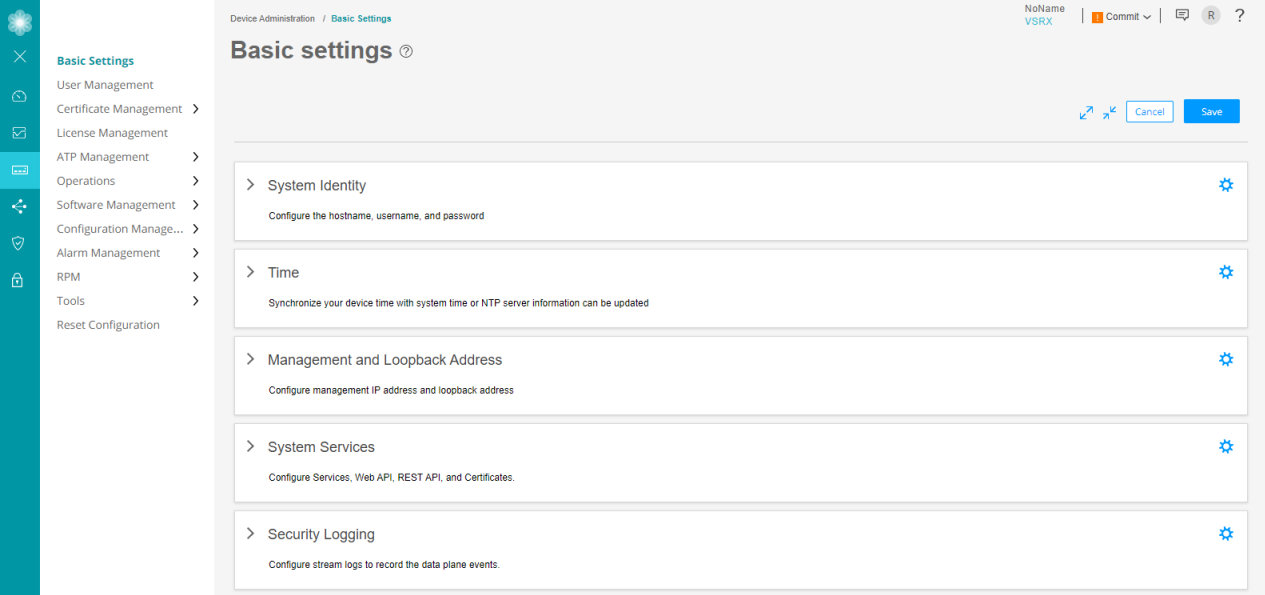 User interface for configuring device settings with options like System Identity, Time, Management and Loopback Address, System Services, and Security Logging.